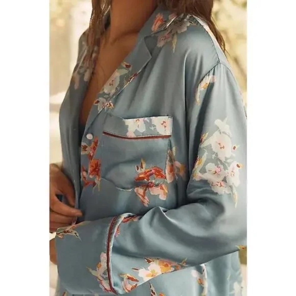 Anthropologie Lyrebird Silky Oversized Button-Front Floral Pajama Shirt Slate